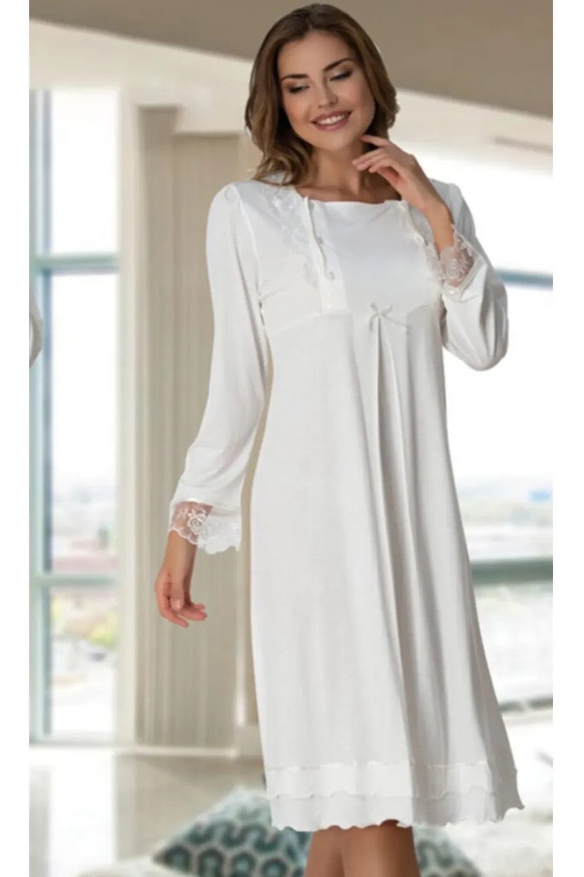 Lace Sleeve Maternity & Nursing Nightgown With Robe Ecru - 2019