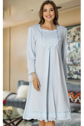 Lace Sleeve Maternity & Nursing Nightgown With Robe Blue - 2019