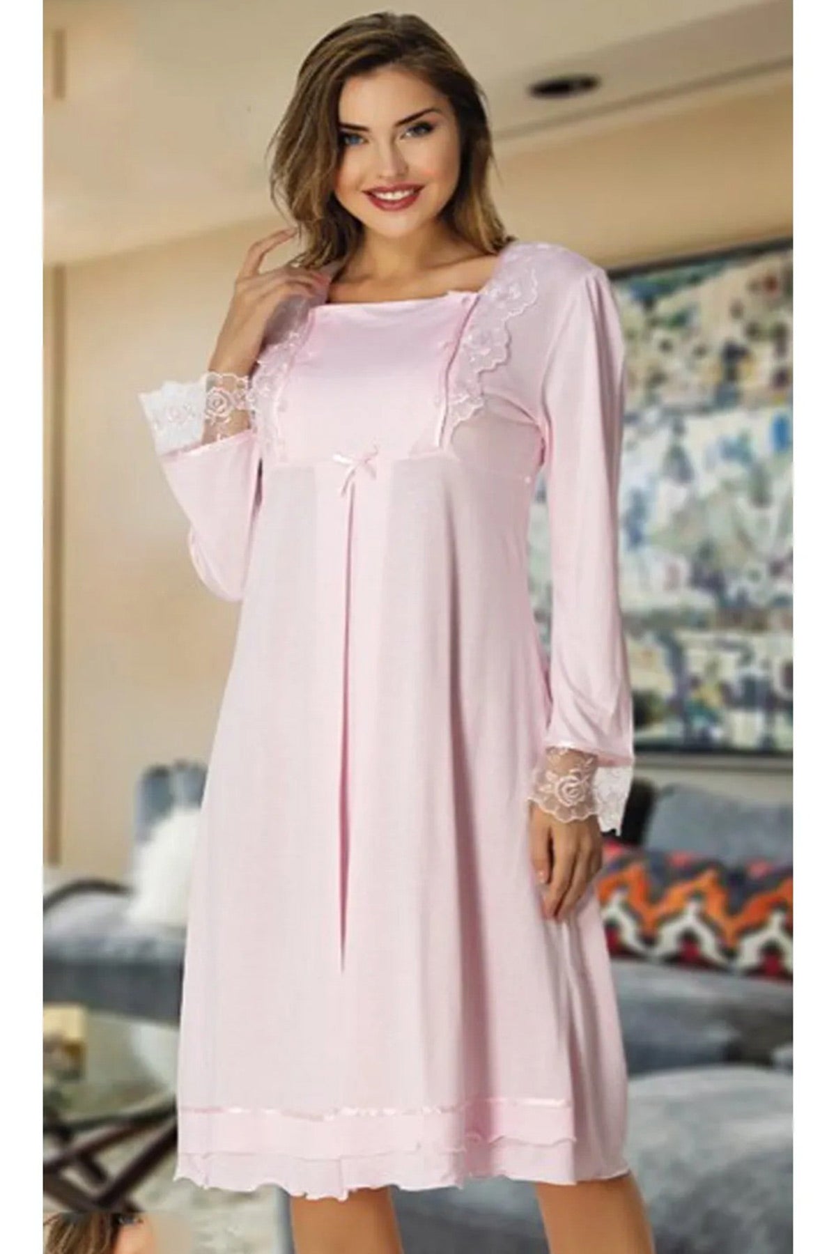 Lace Sleeve Maternity & Nursing Nightgown Pink - 2016