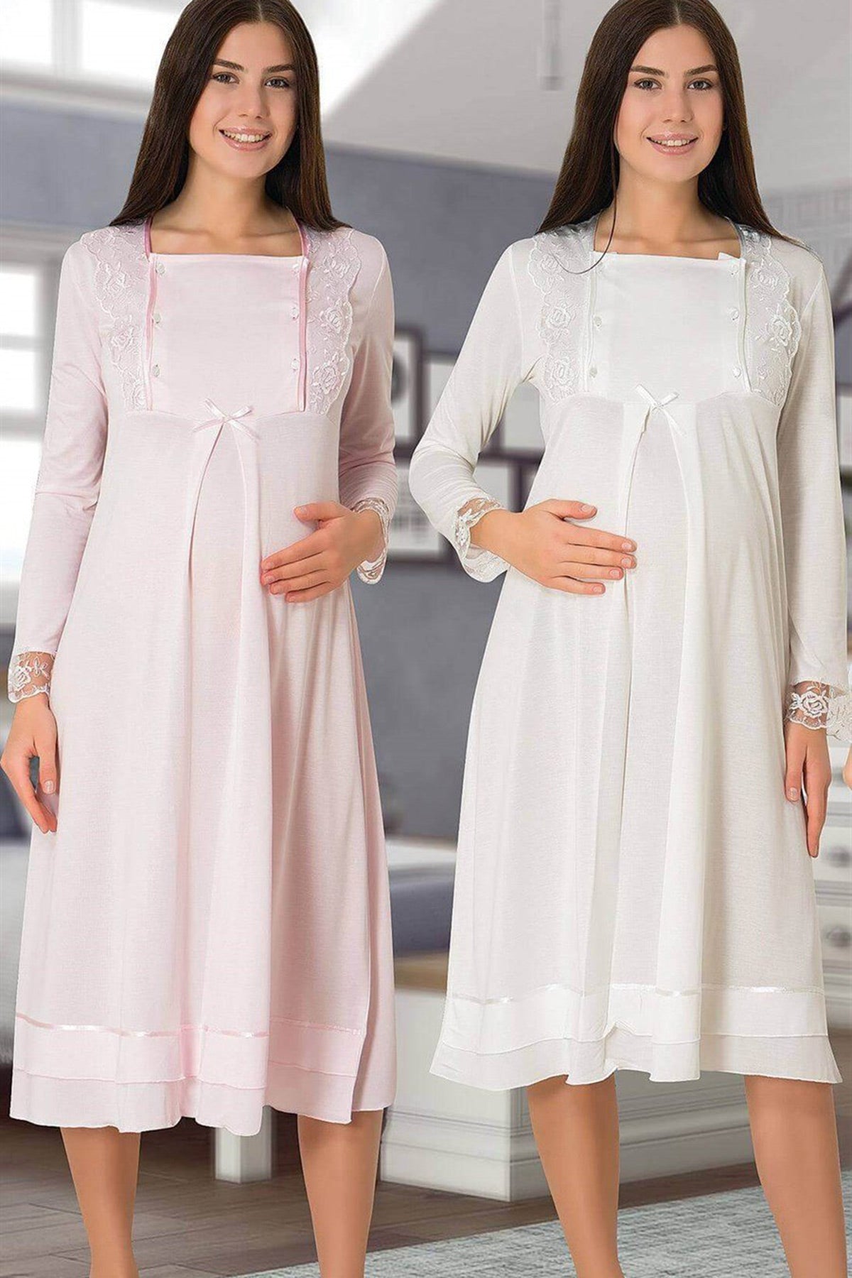 Lace Sleeve Maternity & Nursing Nightgown Pink - 2016