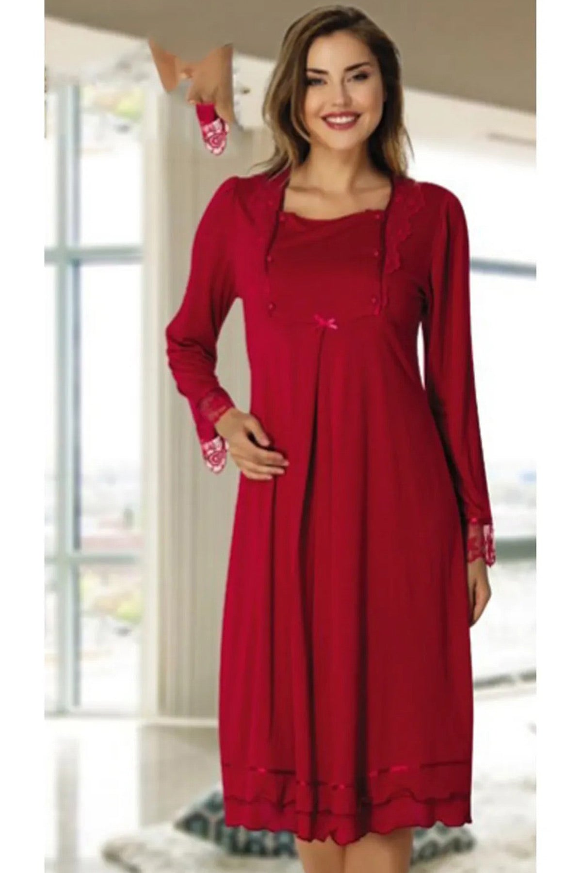 Lace Sleeve Maternity & Nursing Nightgown Cherry - 2016