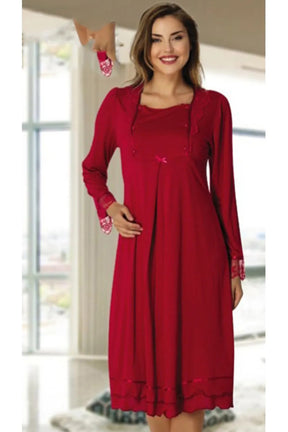 Lace Sleeve Maternity & Nursing Nightgown With Robe Cherry - 2019