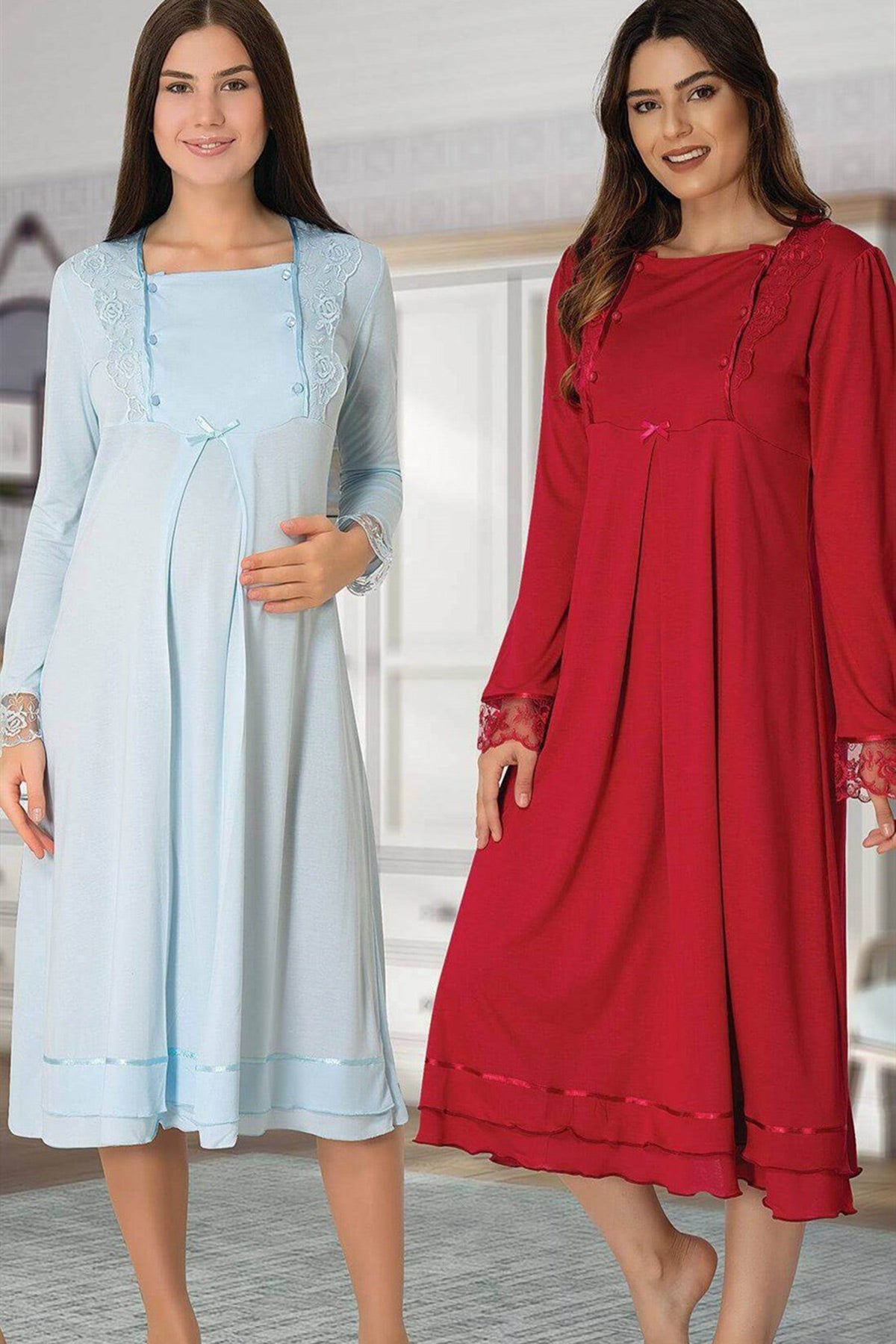 Lace Sleeve Maternity & Nursing Nightgown Cherry - 2016