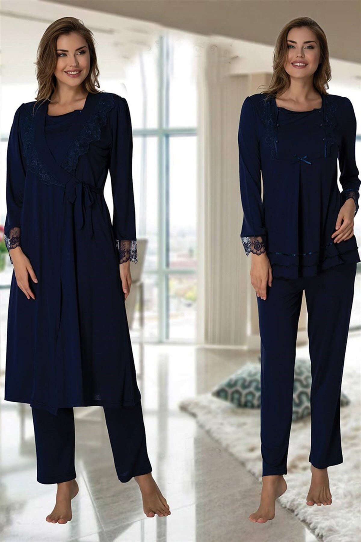 Lace Sleeve 3-Pieces Maternity & Nursing Pajamas With Robe Navy Blue - 2018