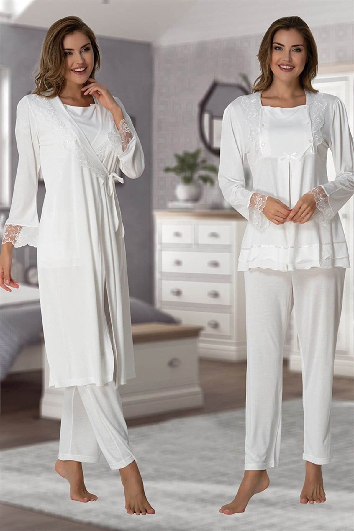 Lace Sleeve 3-Pieces Maternity & Nursing Pajamas With Robe Ecru - 2018