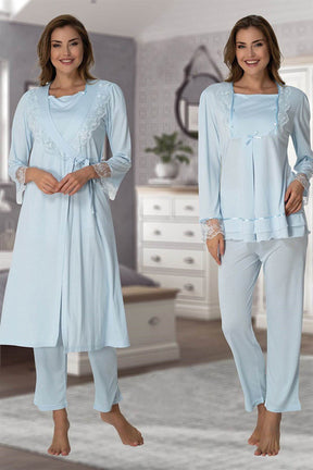 Lace Sleeve 3-Pieces Maternity & Nursing Pajamas With Robe Blue - 2018