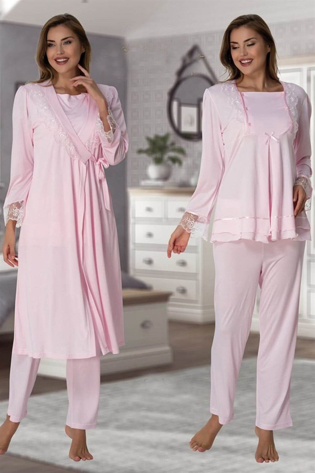 Lace Sleeve 3-Pieces Maternity & Nursing Pajamas With Robe Pink - 2018