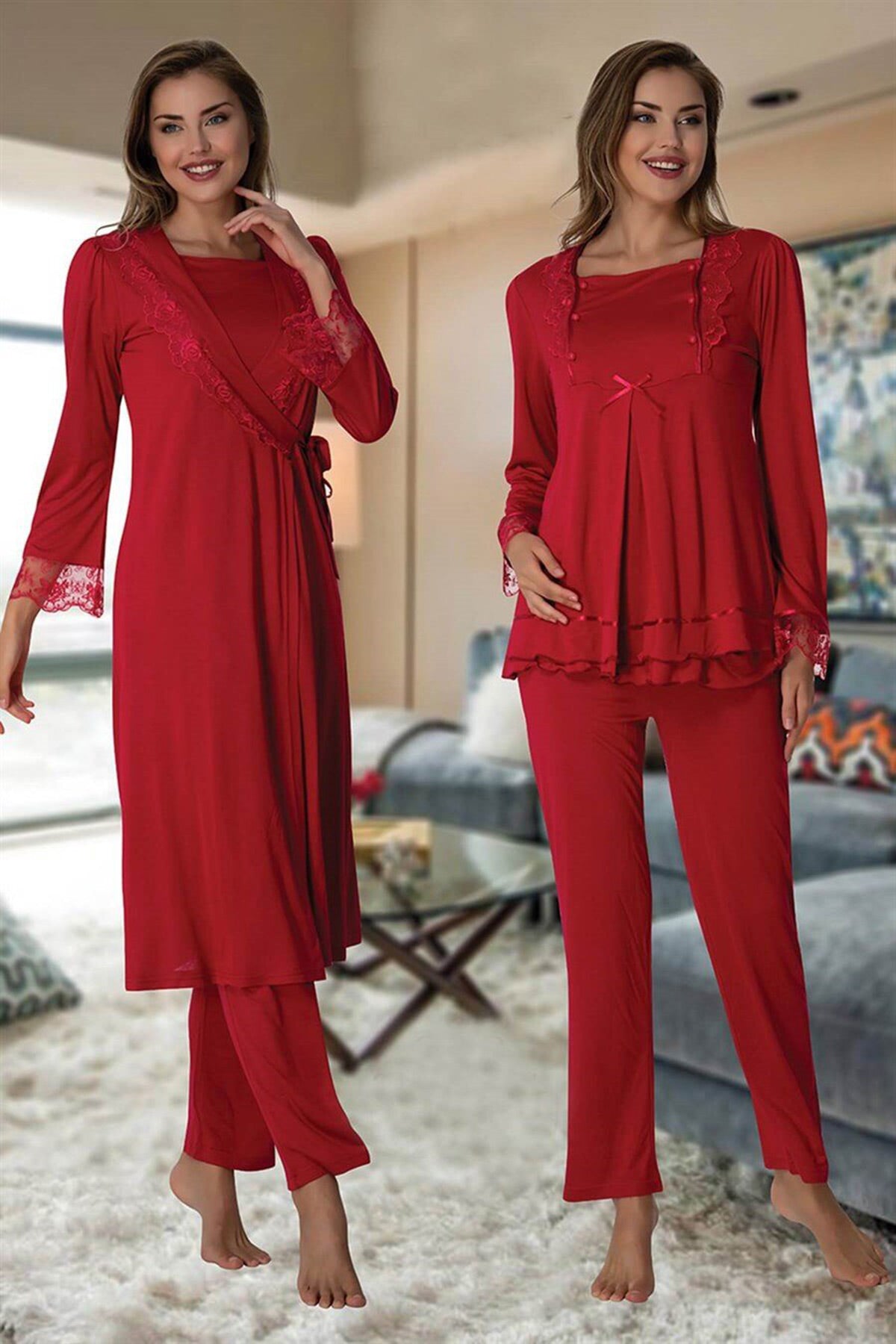 Lace Sleeve 3-Pieces Maternity & Nursing Pajamas With Robe Cherry - 2018