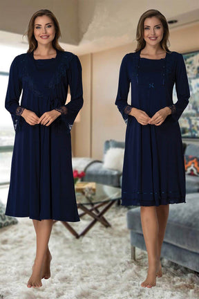 Lace Sleeve Maternity & Nursing Nightgown With Robe Navy Blue - 2019