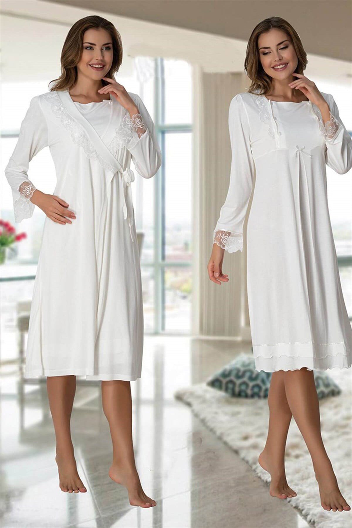 Lace Sleeve Maternity & Nursing Nightgown With Robe Ecru - 2019