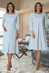 Lace Sleeve Maternity & Nursing Nightgown With Robe Blue - 2019