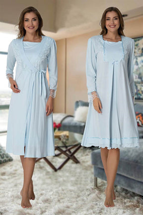 Lace Sleeve Maternity & Nursing Nightgown With Robe Blue - 2019