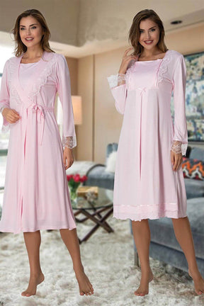 Lace Sleeve Maternity & Nursing Nightgown With Robe Pink - 2019