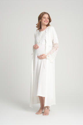 Lace Maternity & Nursing Nightgown With Lace Sleeve Robe Ecru - 202