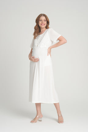 Lace Maternity & Nursing Nightgown With Lace Sleeve Robe Ecru - 202