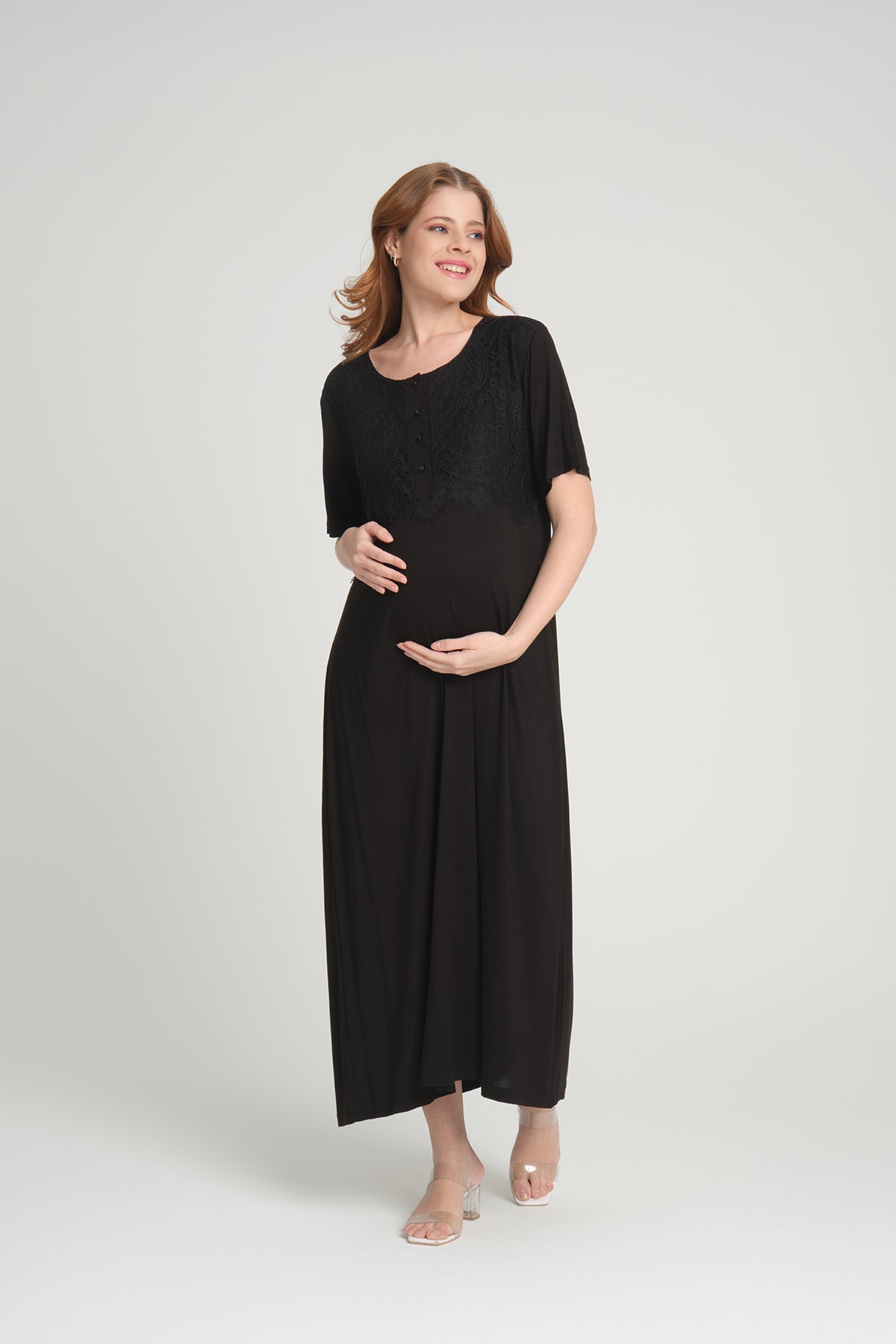 Lace Maternity & Nursing Nightgown With Lace Sleeve Robe Black - 202