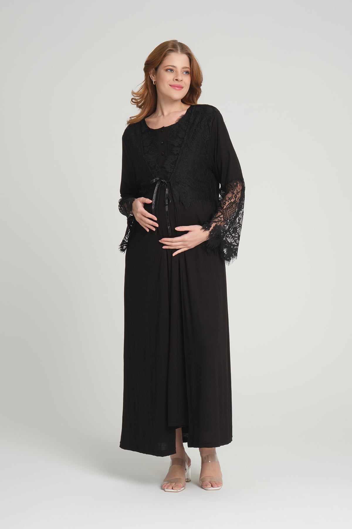 Lace Maternity & Nursing Nightgown With Lace Sleeve Robe Black - 202