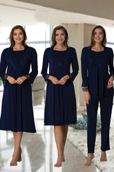 Lace Sleeve 4 Pieces Maternity & Nursing Set Navy Blue - 2020