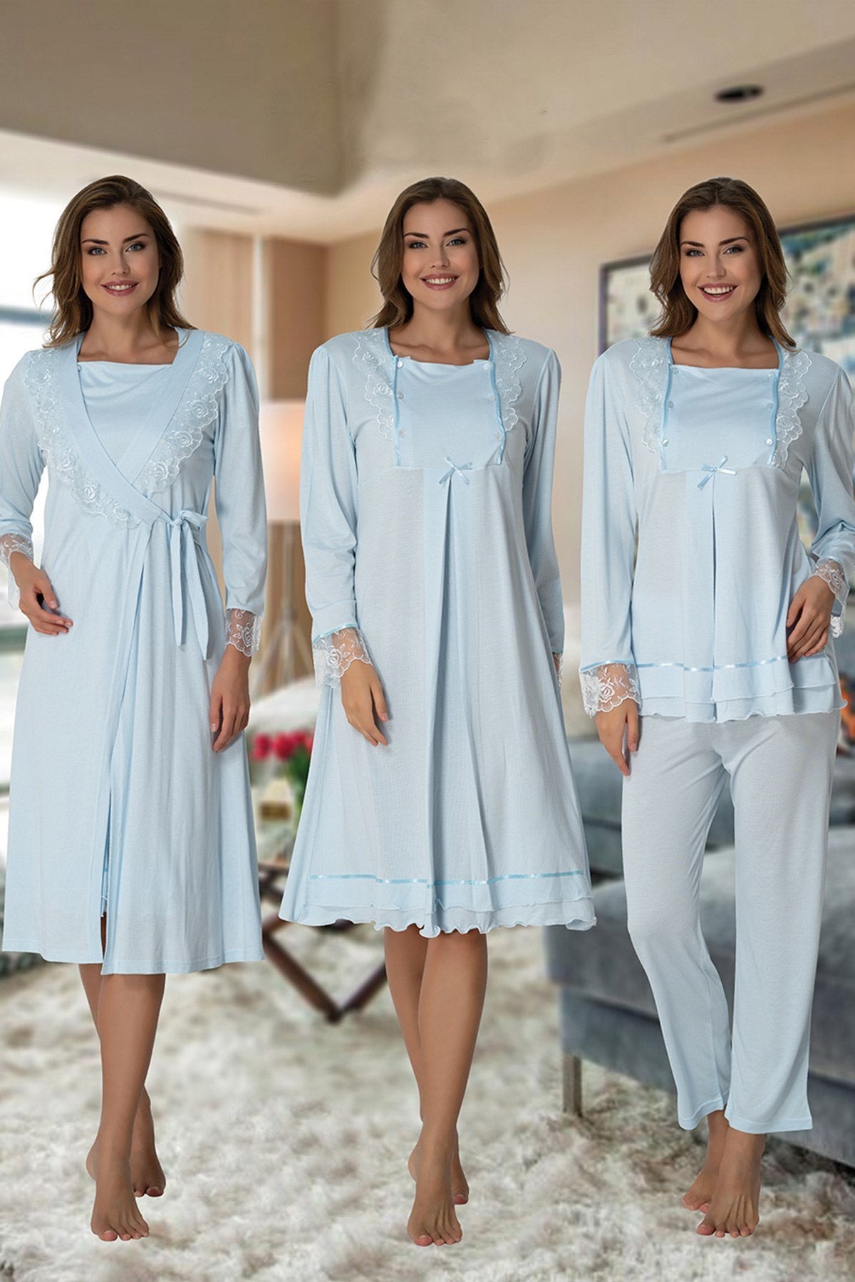 Lace Sleeve 4 Pieces Maternity & Nursing Set Blue - 2020