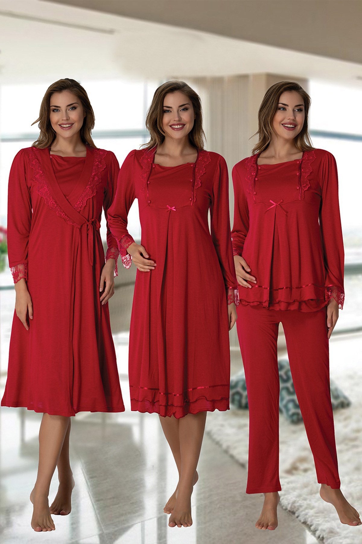 Lace Sleeve 4 Pieces Maternity & Nursing Set Cherry - 2020