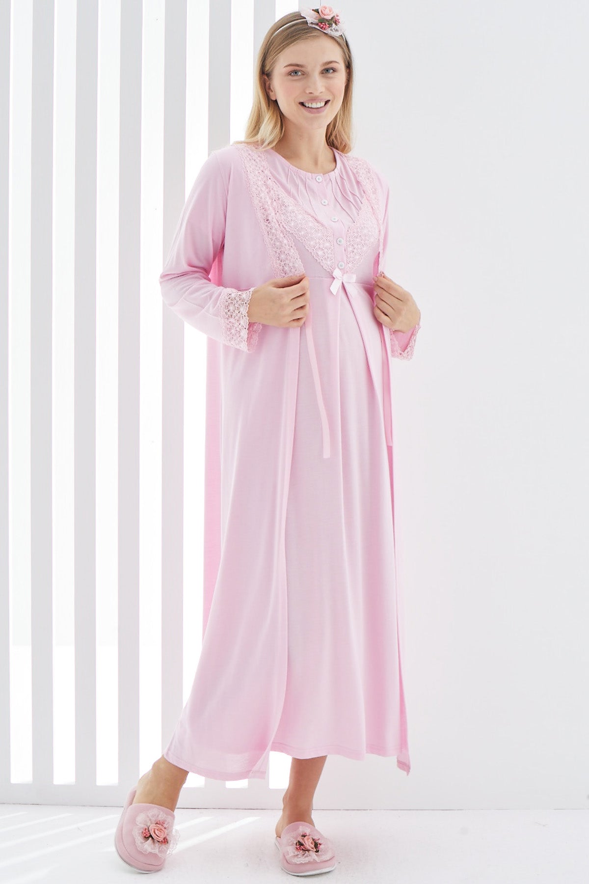 Lace Detailed Maternity & Nursing Nightgown With Robe Pink - 2270