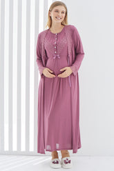 Lace Detailed Maternity & Nursing Nightgown With Robe Plum - 2270