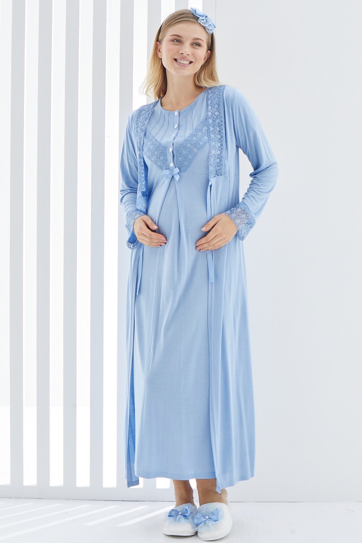 Lace Detailed Maternity & Nursing Nightgown With Robe Blue - 2270