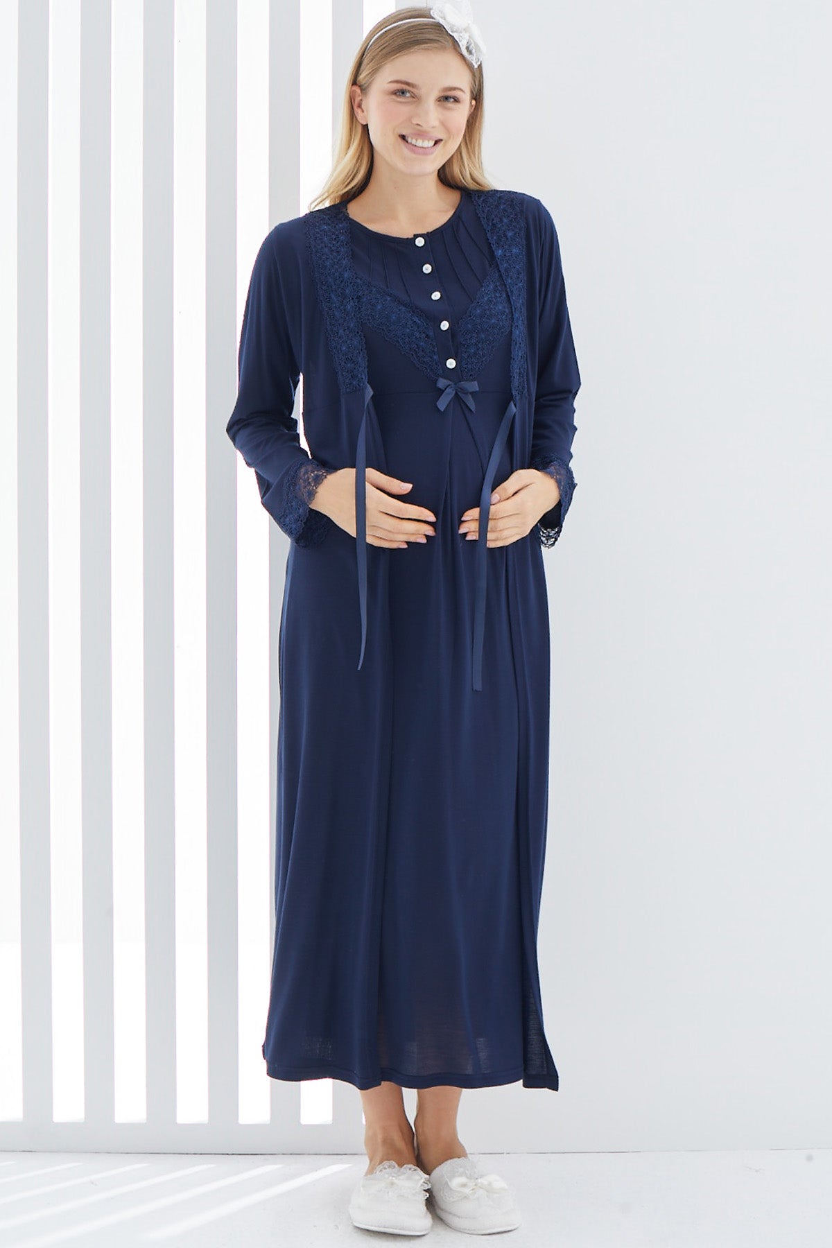 Lace Detailed Maternity & Nursing Nightgown With Robe Navy Blue - 2270