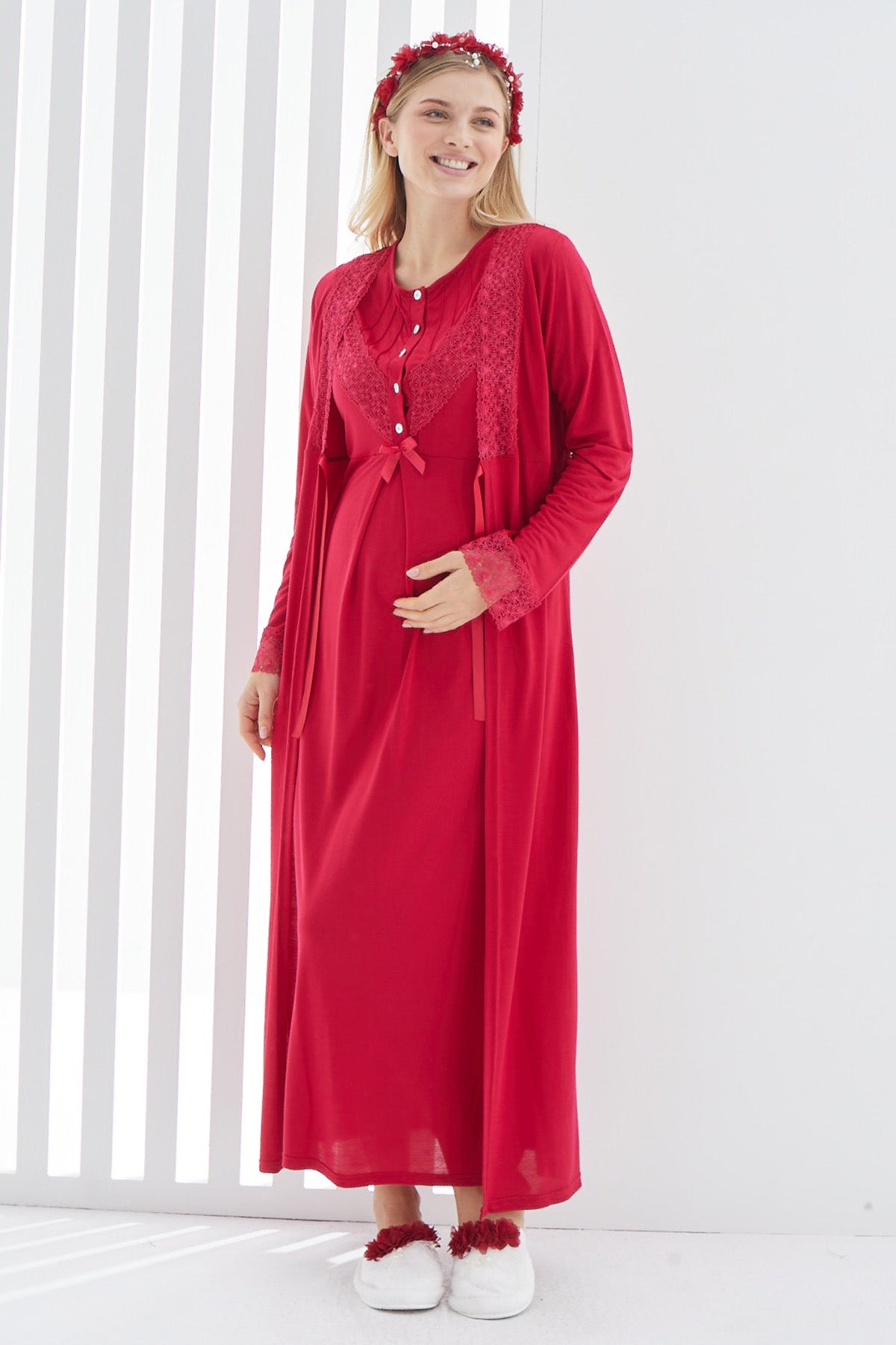 Lace Detailed Maternity & Nursing Nightgown With Robe Red - 2270