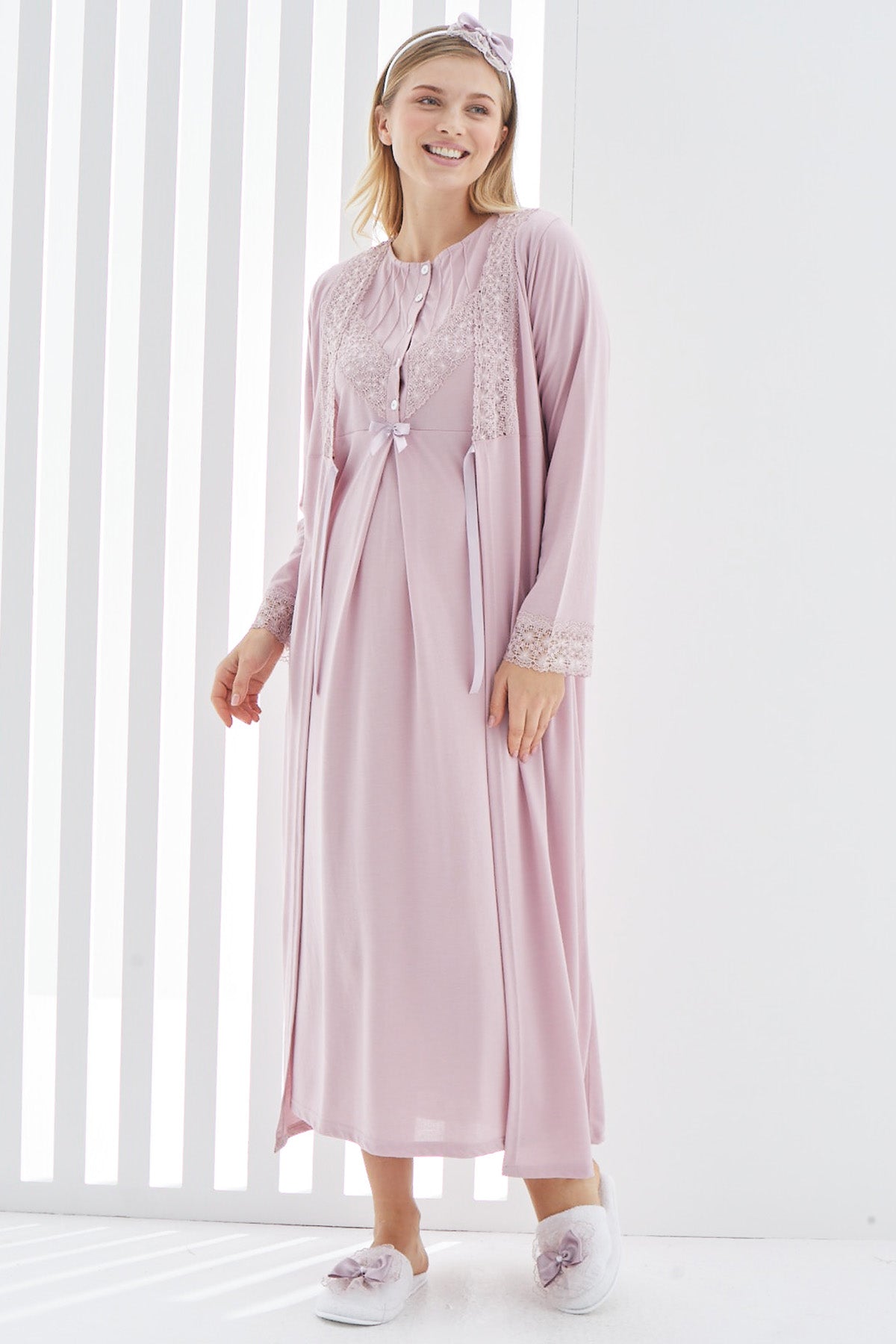 Lace Detailed Maternity & Nursing Nightgown With Robe Dried Rose - 2270