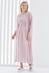 Lace Detailed Maternity & Nursing Nightgown With Robe Dried Rose - 2270