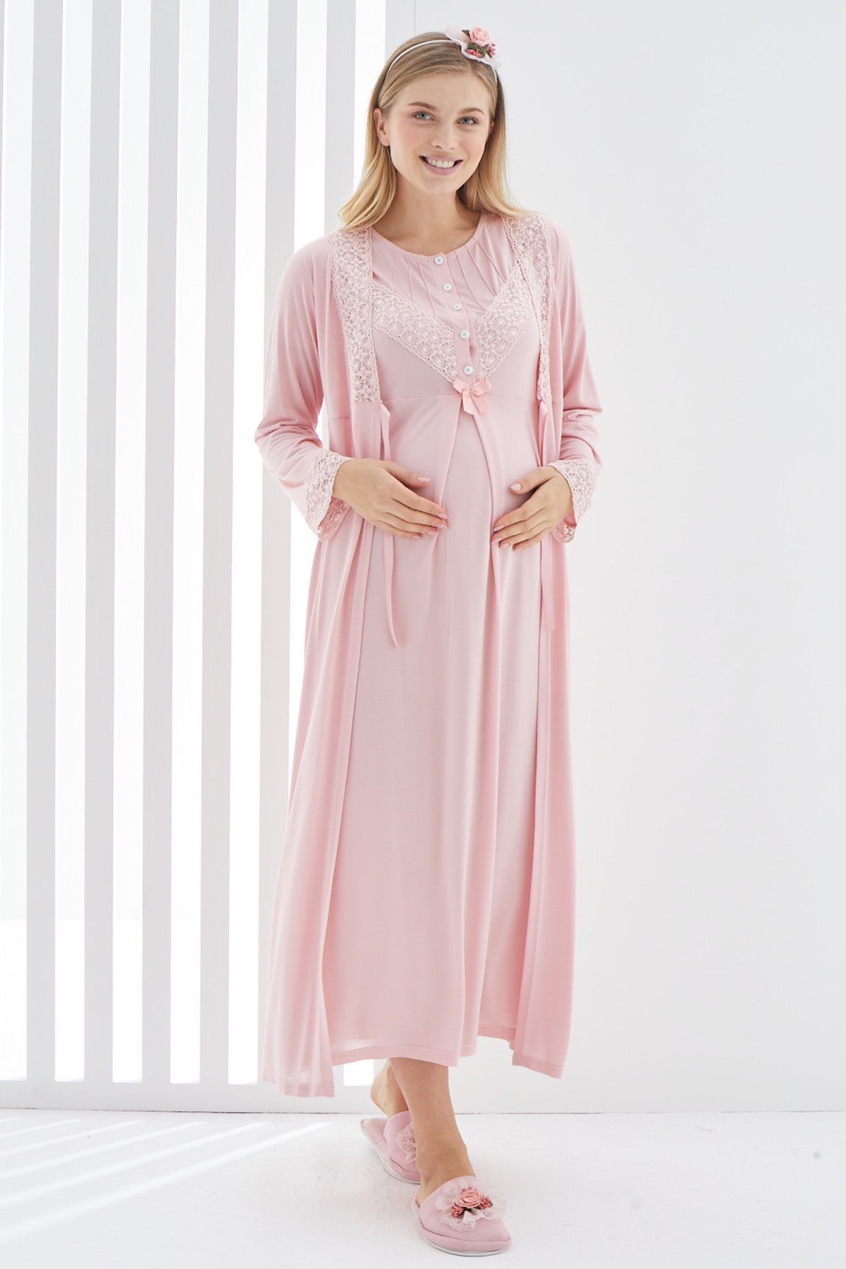 Lace Detailed Maternity & Nursing Nightgown With Robe Powder - 2270