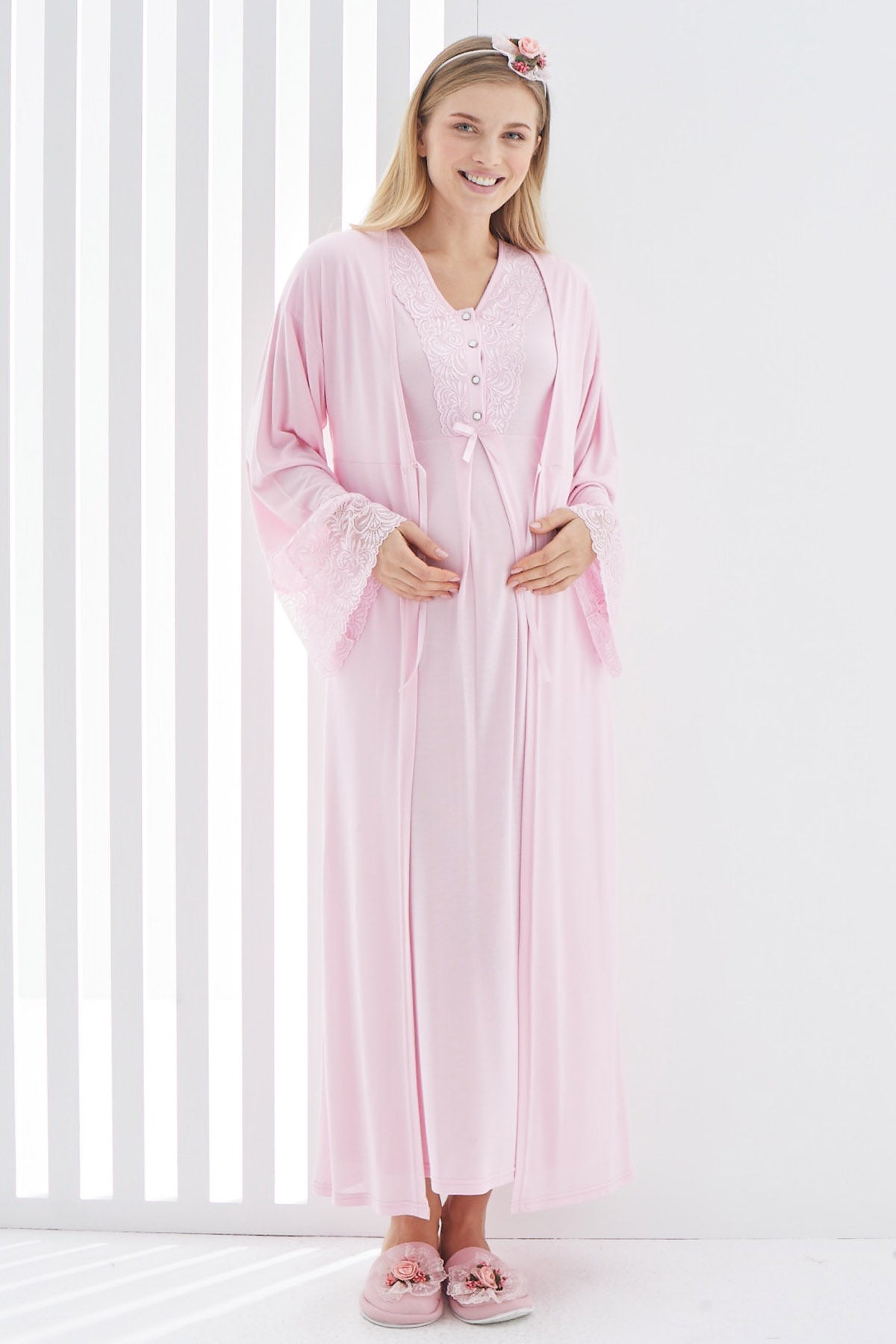 Maternity & Nursing Nightgown With Lace Flywheel Arm Robe Pink - 2269