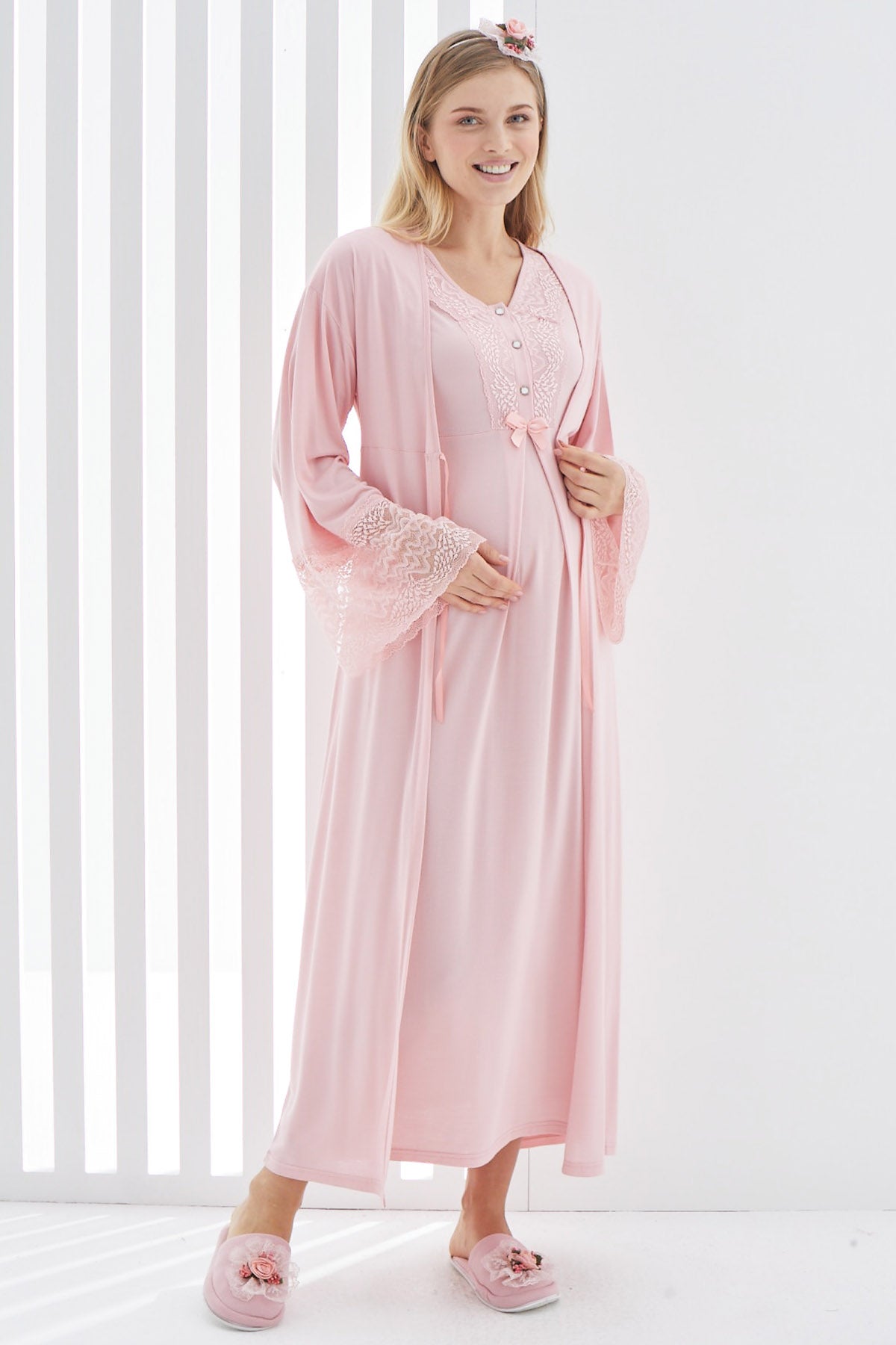 Maternity & Nursing Nightgown With Lace Flywheel Arm Robe Powder - 2269
