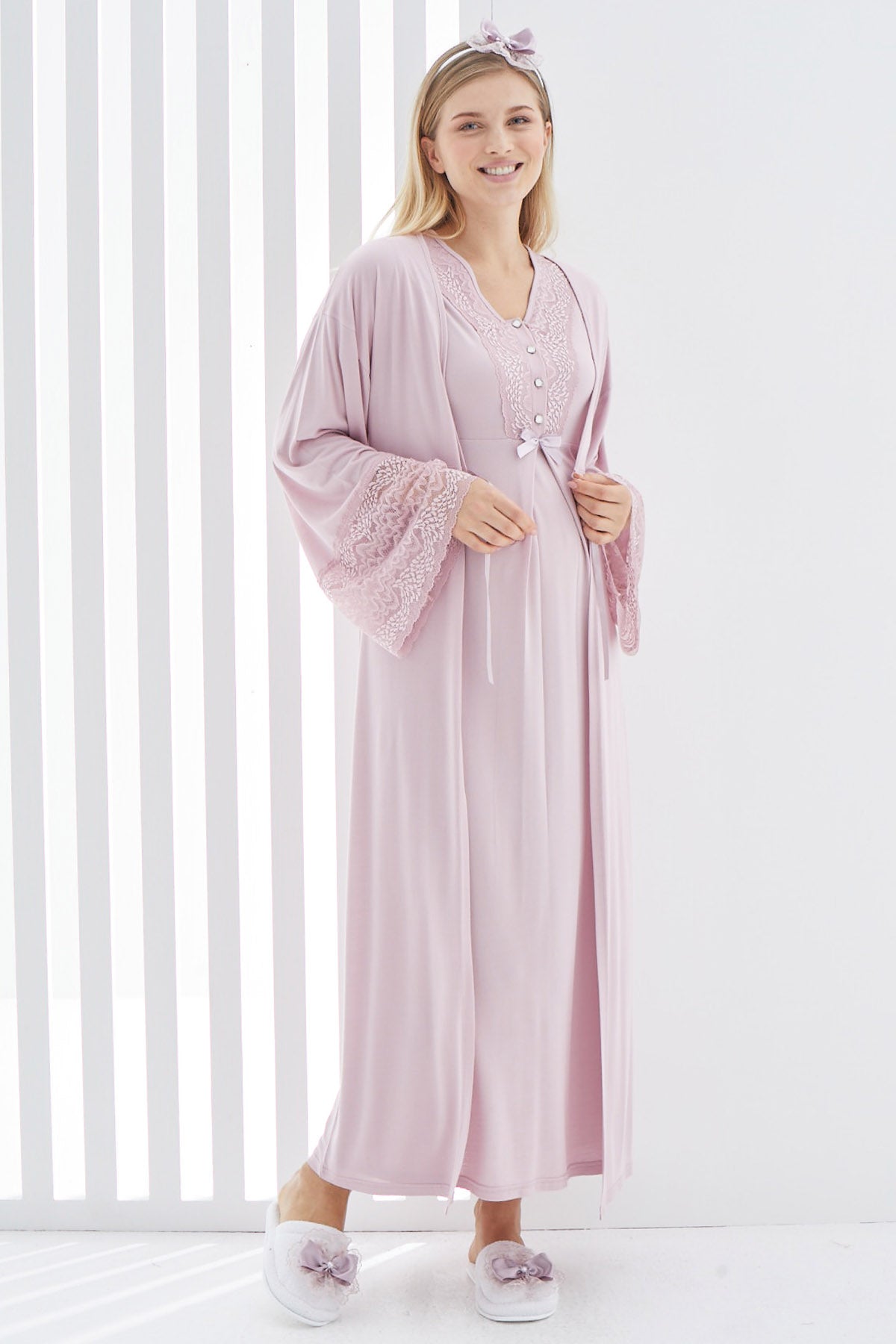 Maternity & Nursing Nightgown With Lace Flywheel Arm Robe Dried Rose - 2269