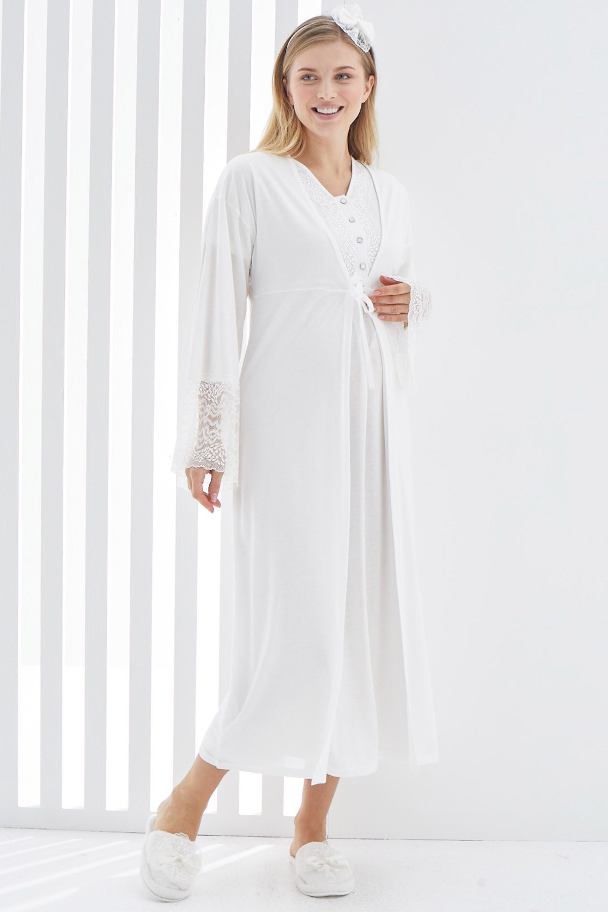 Maternity & Nursing Nightgown With Lace Flywheel Arm Robe Ecru - 2269