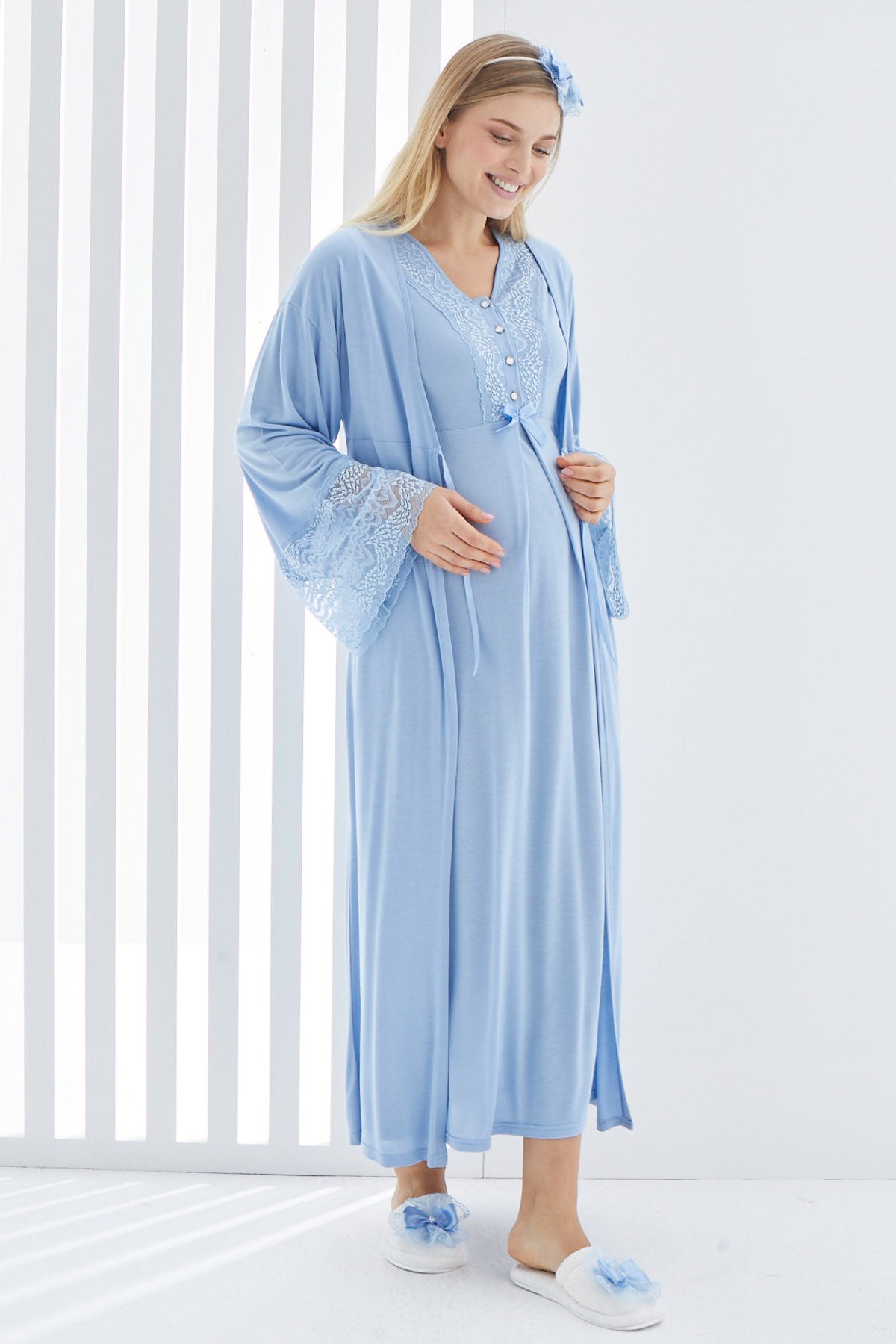 Maternity & Nursing Nightgown With Lace Flywheel Arm Robe Blue - 2269