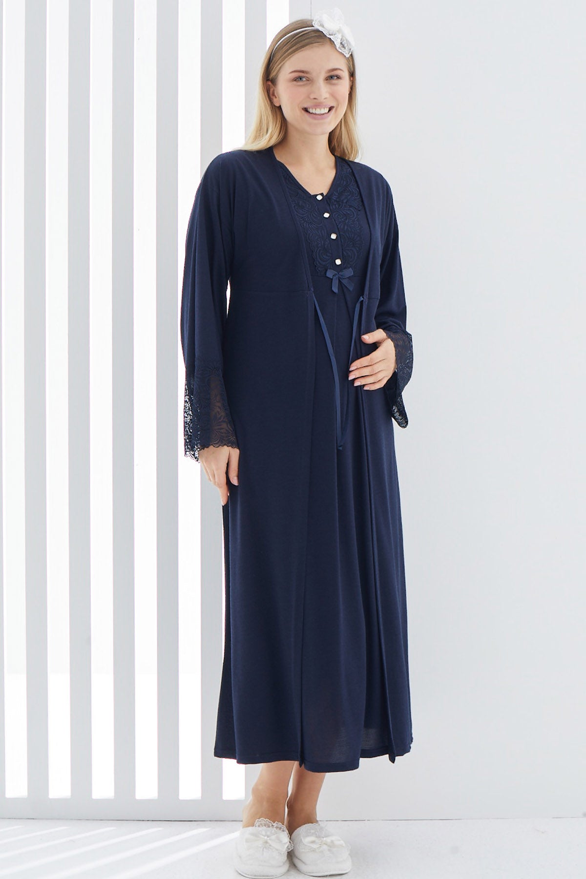 Maternity & Nursing Nightgown With Lace Flywheel Arm Robe Navy Blue - 2269