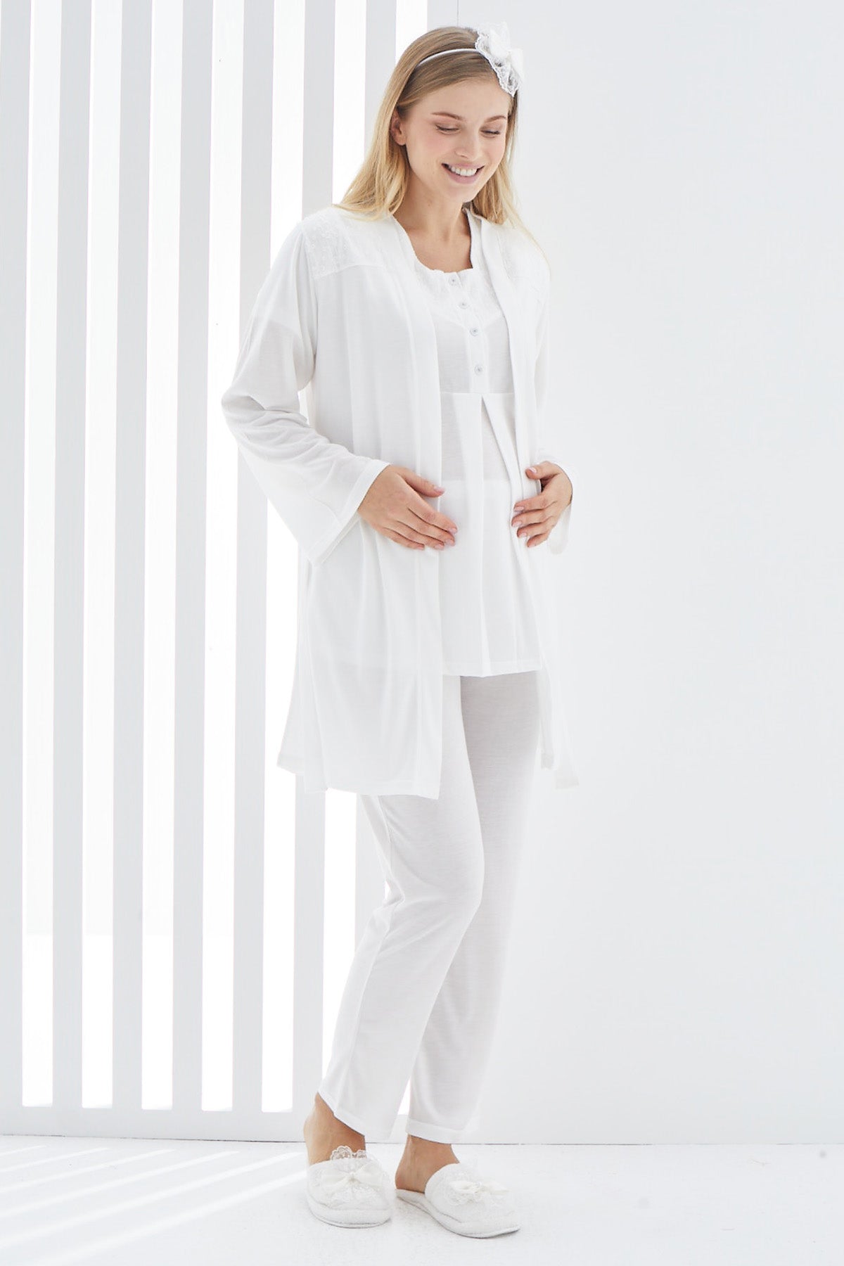 3-Pieces Maternity & Nursing Pajamas With Lace Shoulder Robe Ecru - 3415