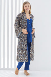Lace 3-Pieces Maternity & Nursing Pajamas With Patterned Robe Navy Blue - 3414
