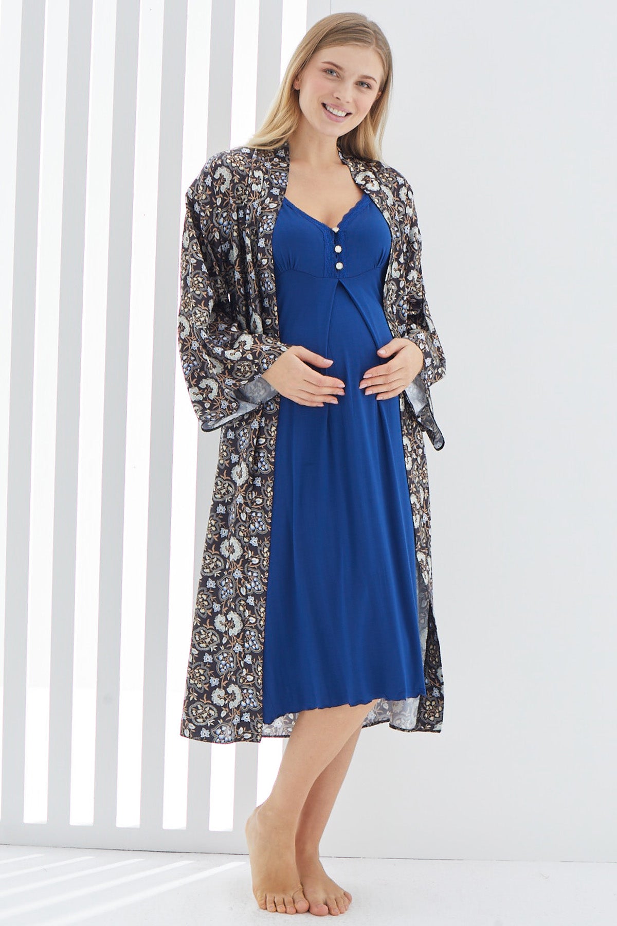 Lace Maternity & Nursing Nightgown With Patterned Robe Navy Blue - 2271