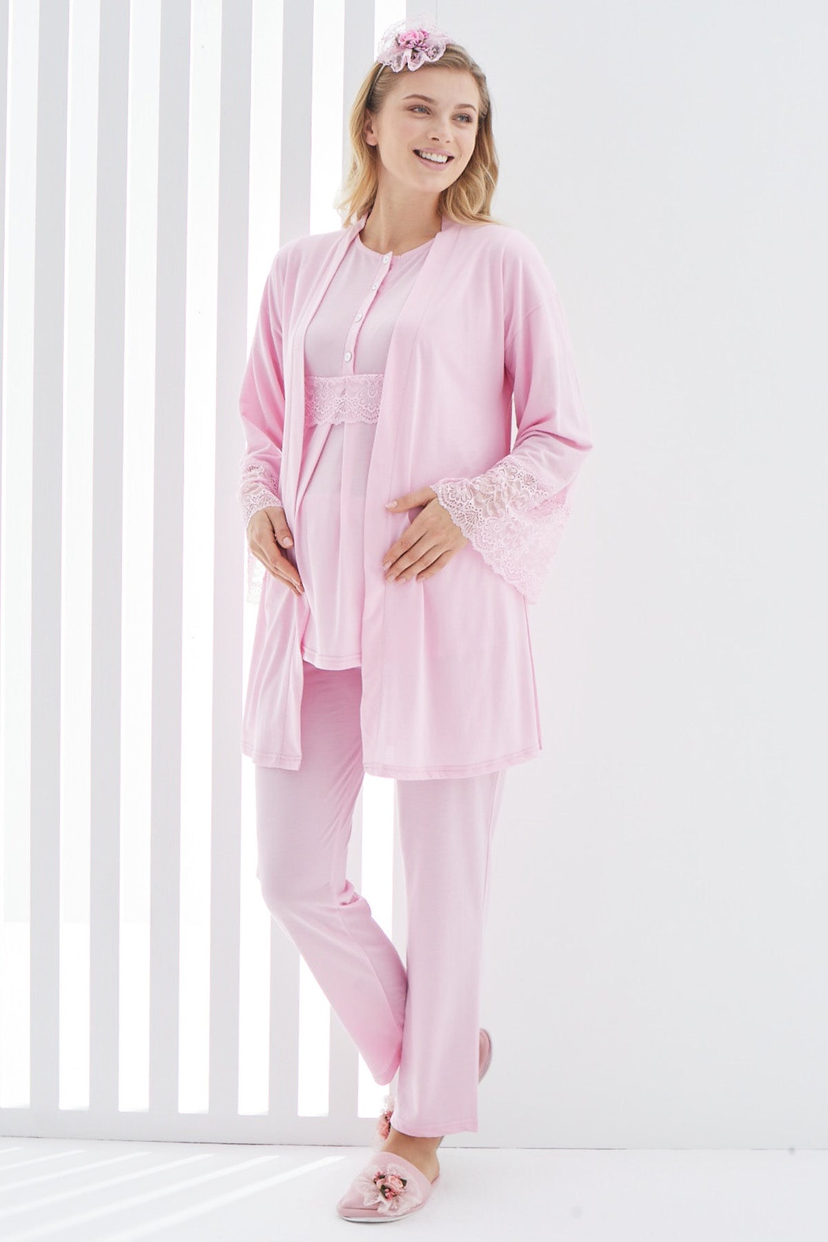Lace 3-Pieces Maternity & Nursing Pajamas With Lace Flywheel Arm Robe Pink - 3412