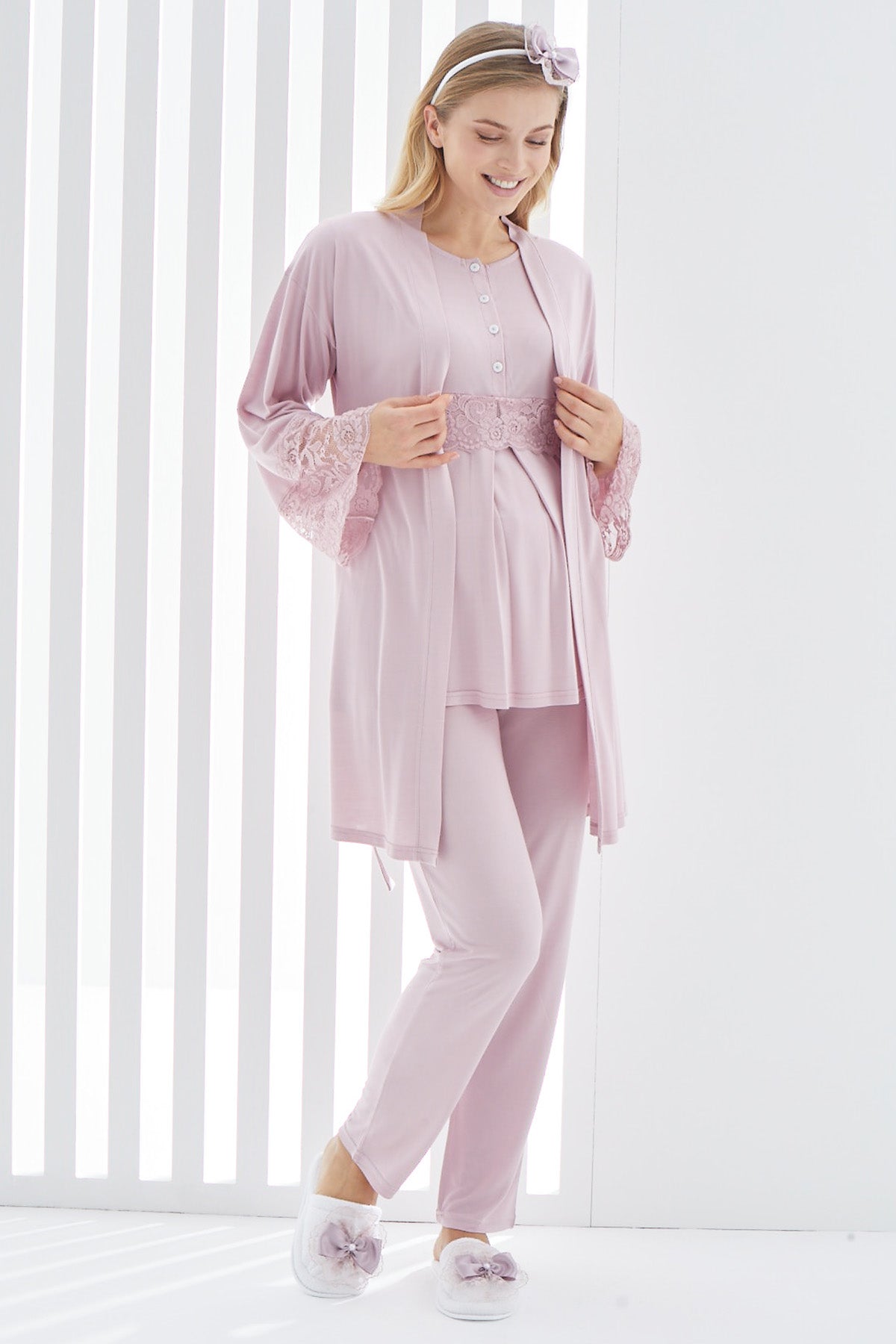 Lace 3-Pieces Maternity & Nursing Pajamas With Lace Flywheel Arm Robe Dried Rose - 3412