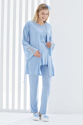 Lace 3-Pieces Maternity & Nursing Pajamas With Lace Flywheel Arm Robe Blue - 3412