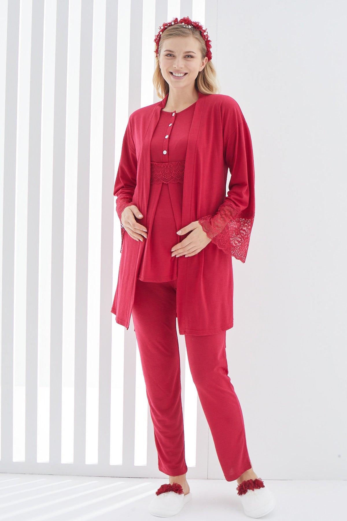 Lace 3-Pieces Maternity & Nursing Pajamas With Lace Flywheel Arm Robe Red - 3412
