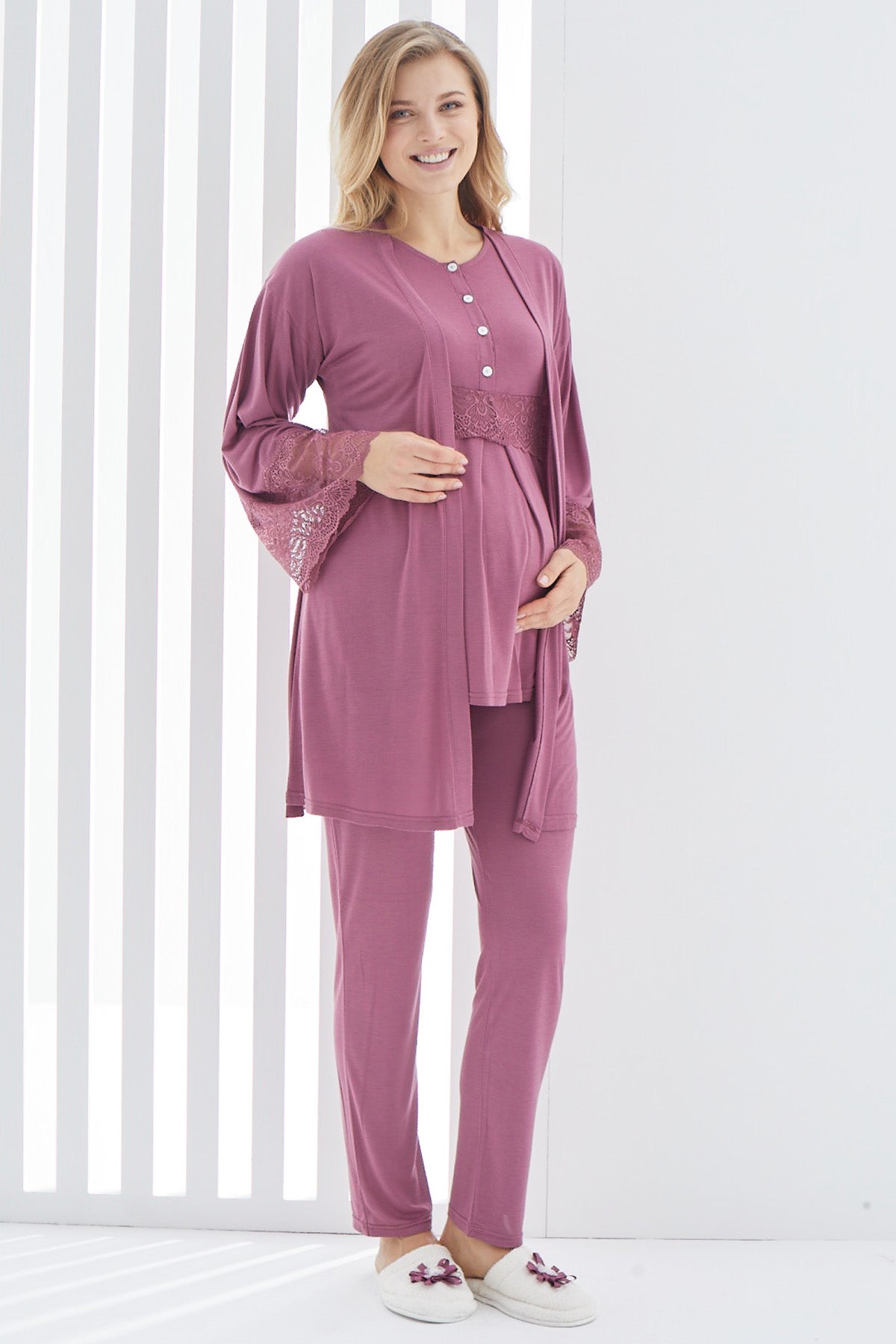 Lace 3-Pieces Maternity & Nursing Pajamas With Lace Flywheel Arm Robe Plum - 3412