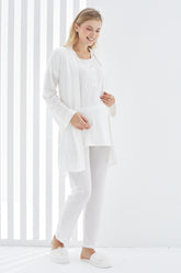 Guipure Collar 3-Pieces Maternity & Nursing Pajamas With Robe Ecru - 3413