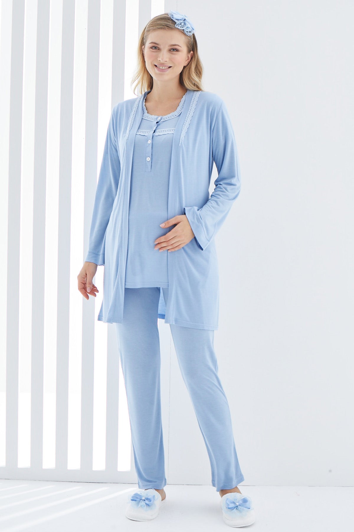 Guipure Collar 3-Pieces Maternity & Nursing Pajamas With Robe Blue - 3413
