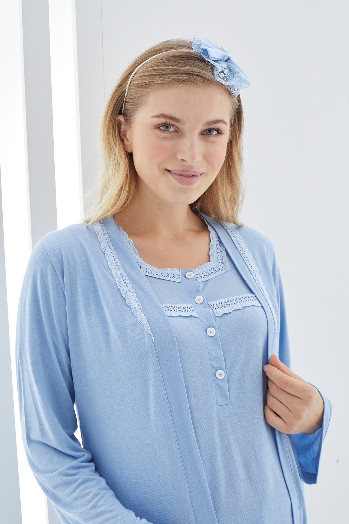 Guipure Collar 3-Pieces Maternity & Nursing Pajamas With Robe Blue - 3413