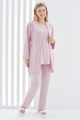 Guipure Collar 3-Pieces Maternity & Nursing Pajamas With Robe Dried Rose - 3413
